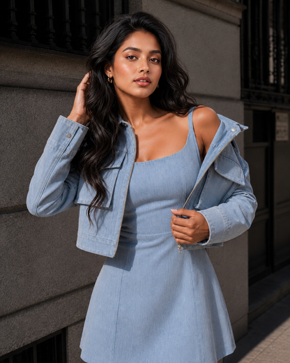 Light blue denim mini dress with tie straps and open back