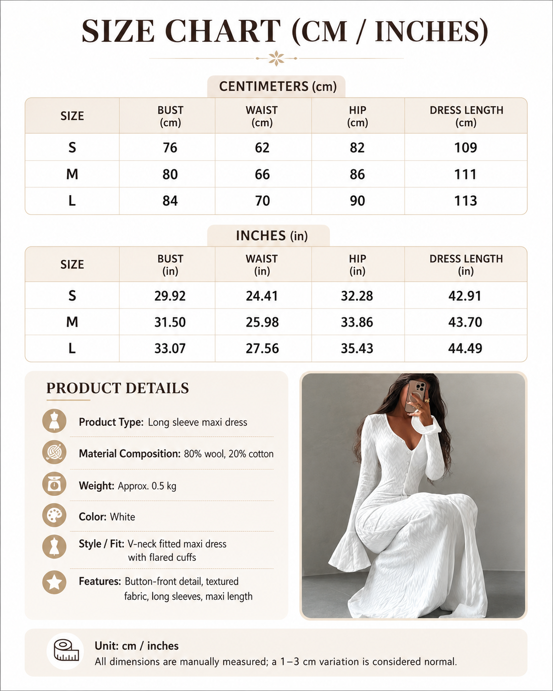 White button front bodycon maxi dress with flared cuffs