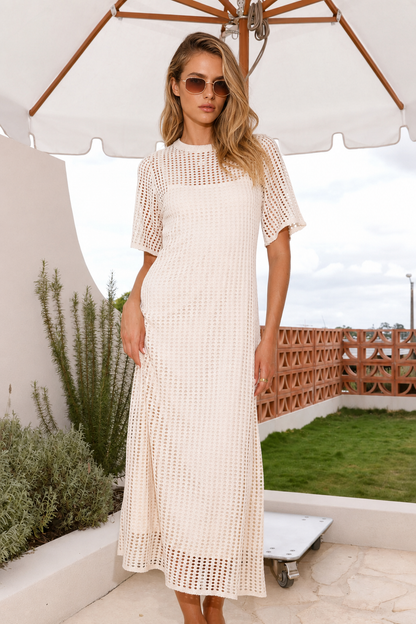 Women’s Round-Neck Hollow-Out Crochet Maxi Beach Cover-Up Dress with Short Sleeves