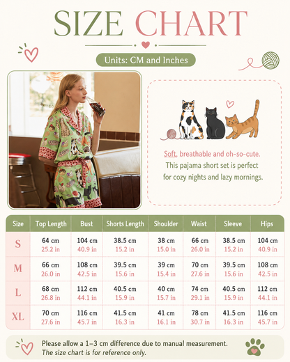 Women’s Loungewear Green Coffee Cat Pajama Shorts Set