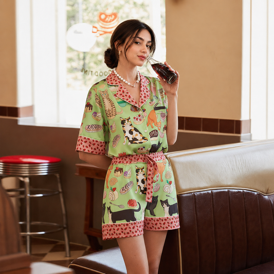 Women’s Loungewear Green Coffee Cat Pajama Shorts Set