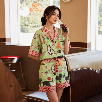 Women’s Loungewear Green Coffee Cat Pajama Shorts Set