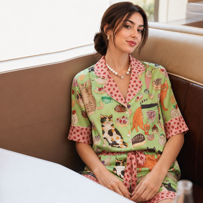 Women’s Loungewear Green Coffee Cat Pajama Shorts Set