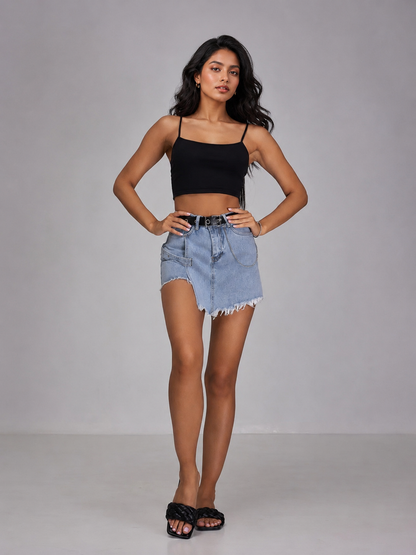 Asymmetrical denim mini skort with frayed hem