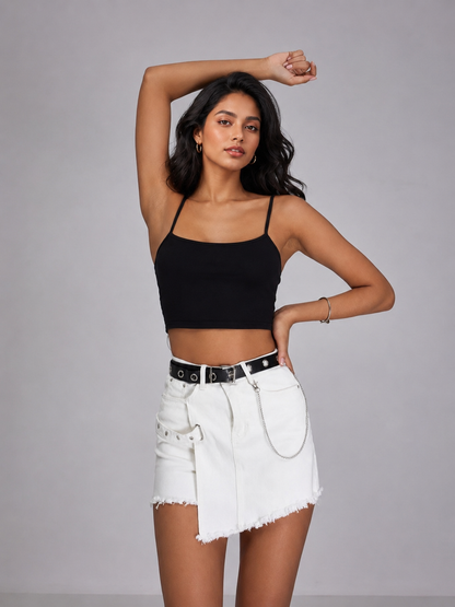 Asymmetrical denim mini skort with frayed hem