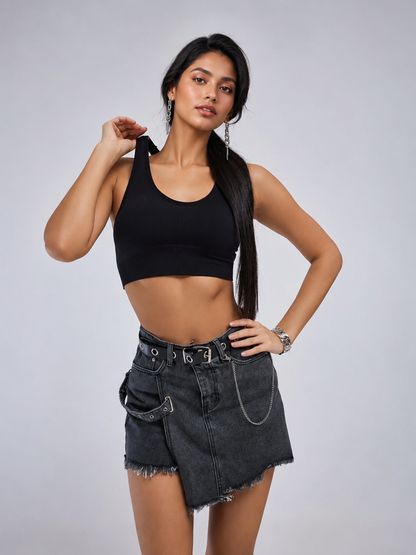 Asymmetrical denim mini skort with frayed hem