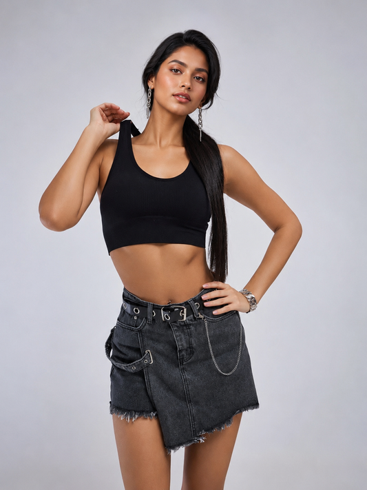 Asymmetrical denim mini skort with frayed hem 1 XS