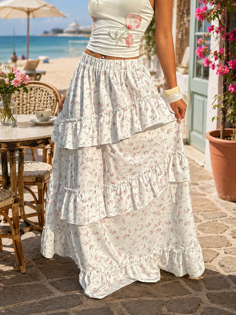 High waist maxi skirt with layered ruffle hem