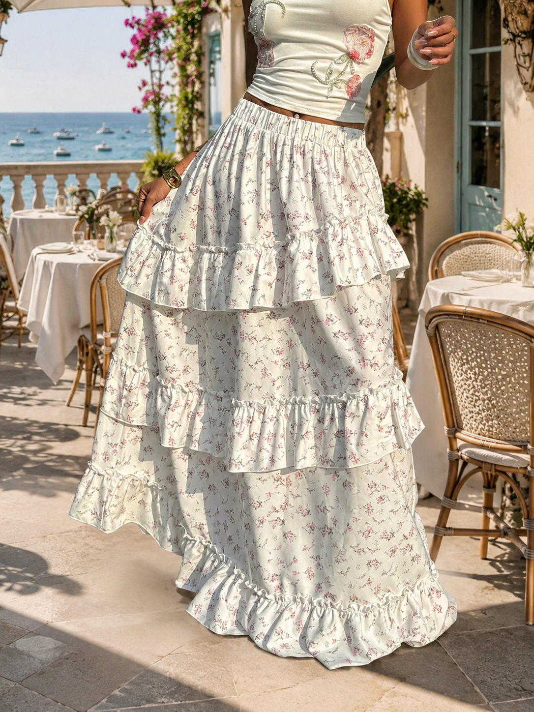 High waist maxi skirt with layered ruffle hem