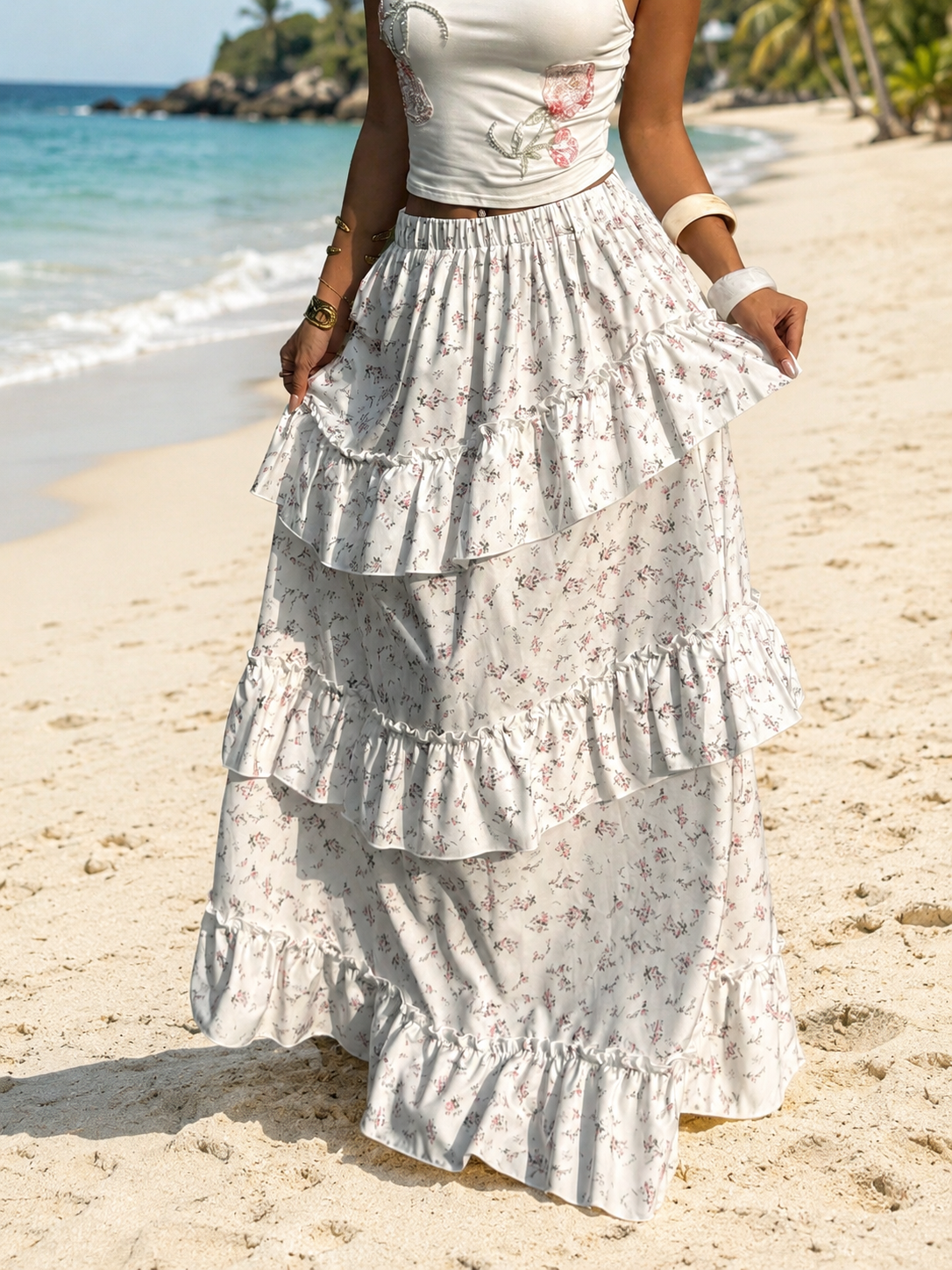 High waist maxi skirt with layered ruffle hem