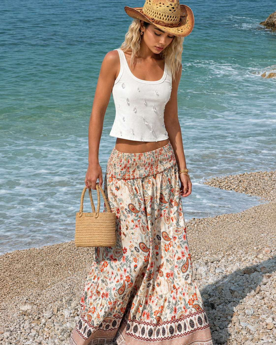 Smocked waist maxi skirt with paisley tiered hem