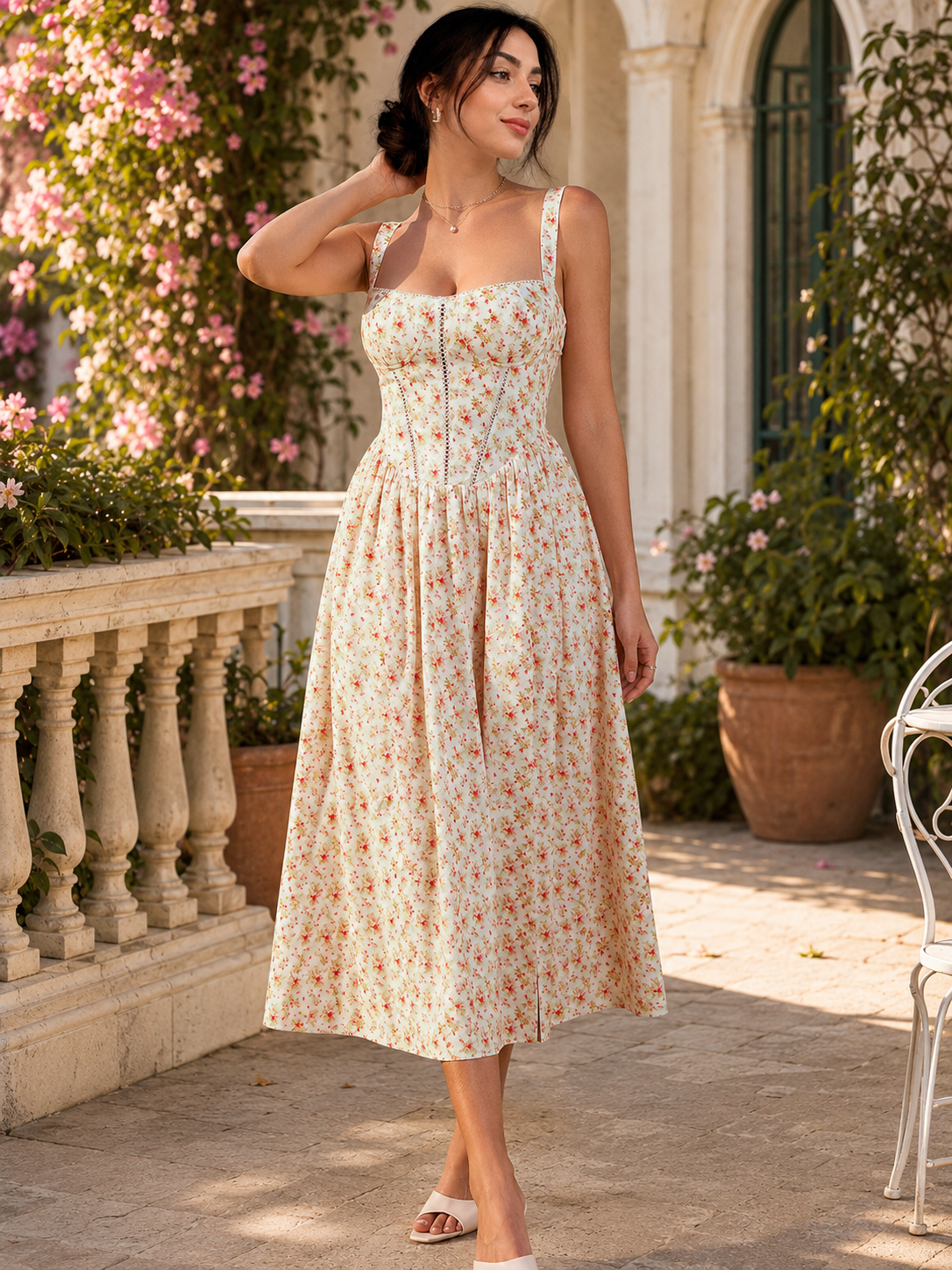 Floral midi dress with smocked back panel