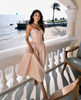 pink corset midi dress seaside vacation sleeveless flowy summer fit
