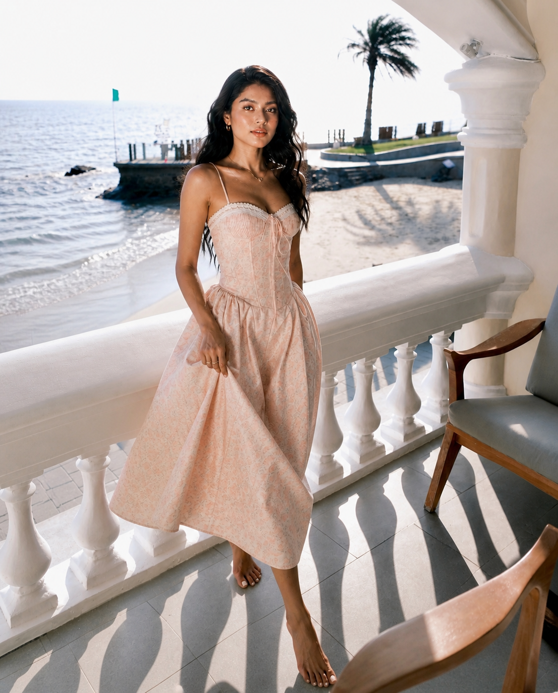 pink corset midi dress seaside vacation sleeveless flowy summer fit