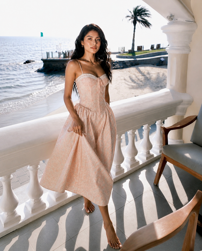 pink corset midi dress seaside vacation sleeveless flowy summer fit