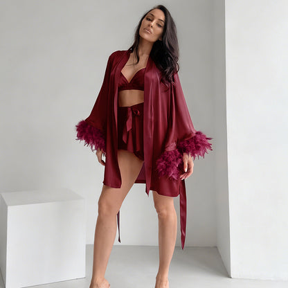 Navy satin feather trim three piece pajama set 6 S