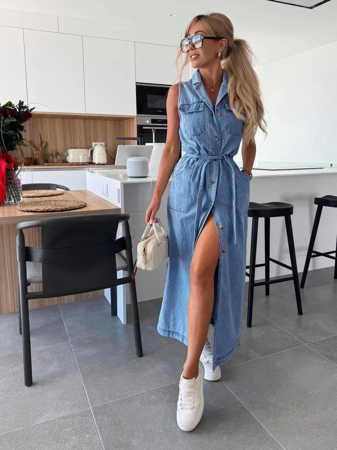 Light Blue Denim Maxi Dress with Tie Waist