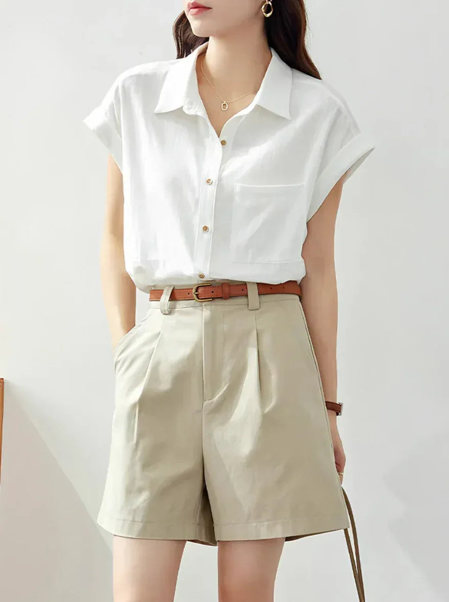 White Button Down Shirt Short Sleeve Women's Collared Top
