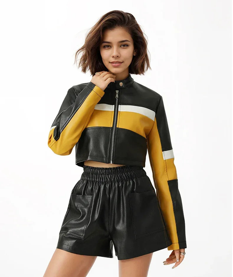 Cropped Faux Leather Biker Jacket in Yellow Black