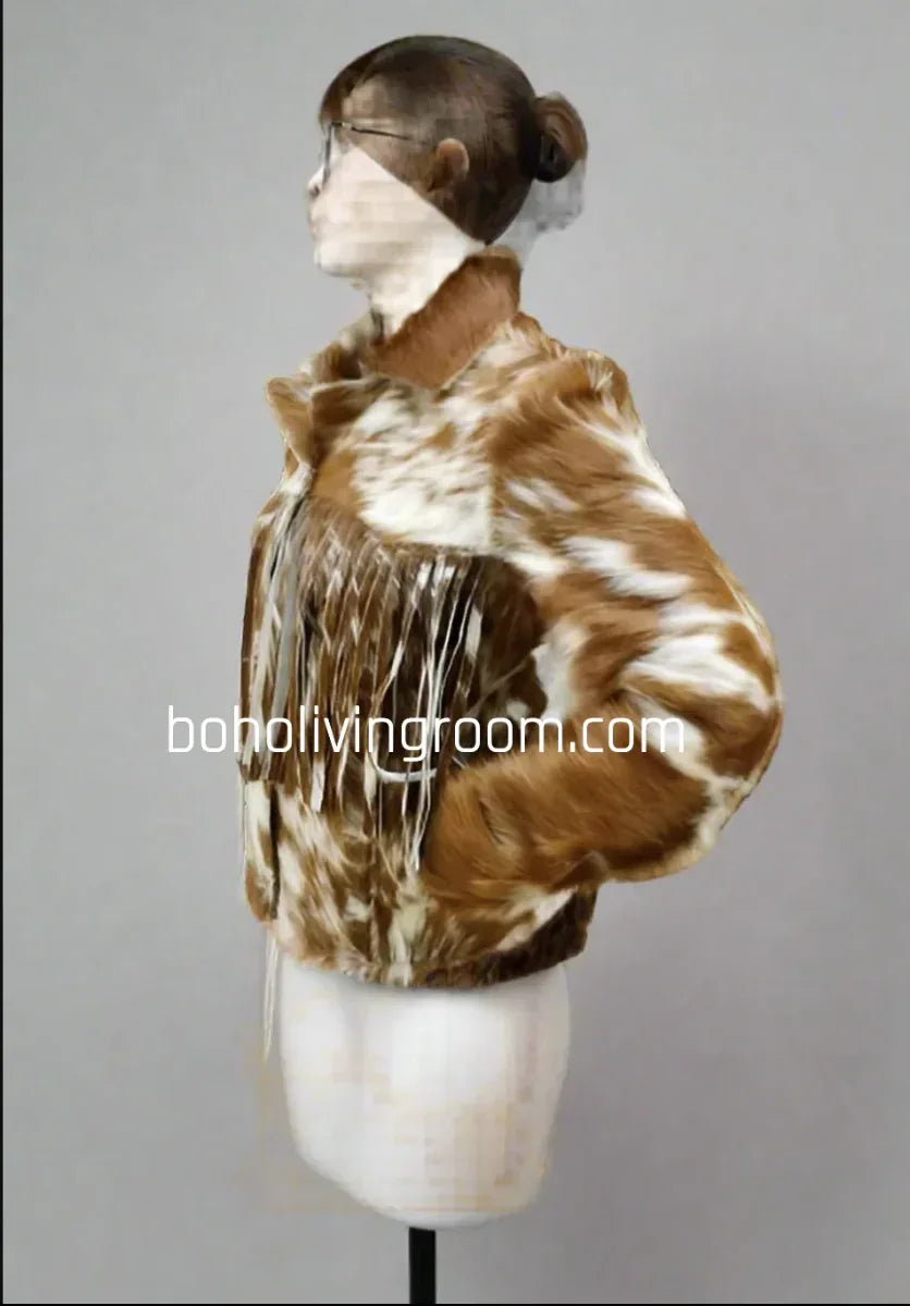 cowhide jacket brown white fur hair on hide women