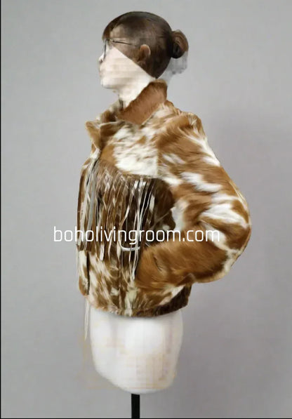 cowhide jacket brown white fur hair on hide women