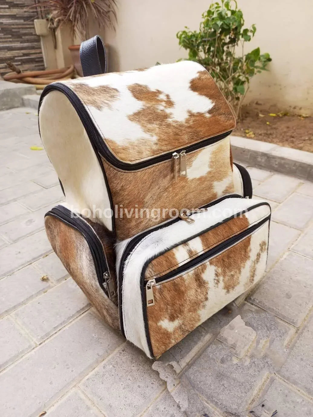 Cowhide Diaper Backpack Brown White