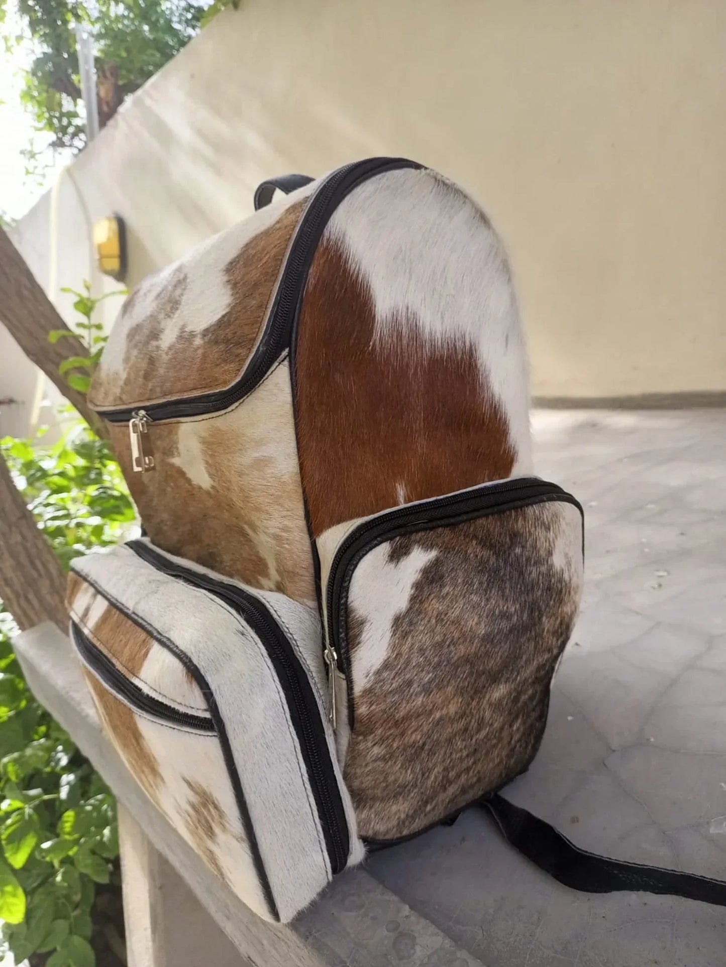Cowhide Diaper Backpack Brown White