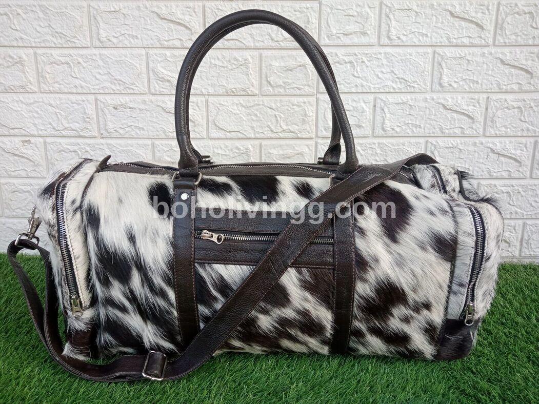 Cowhide Duffle Bag in Hair-On Hide with Leather Handles