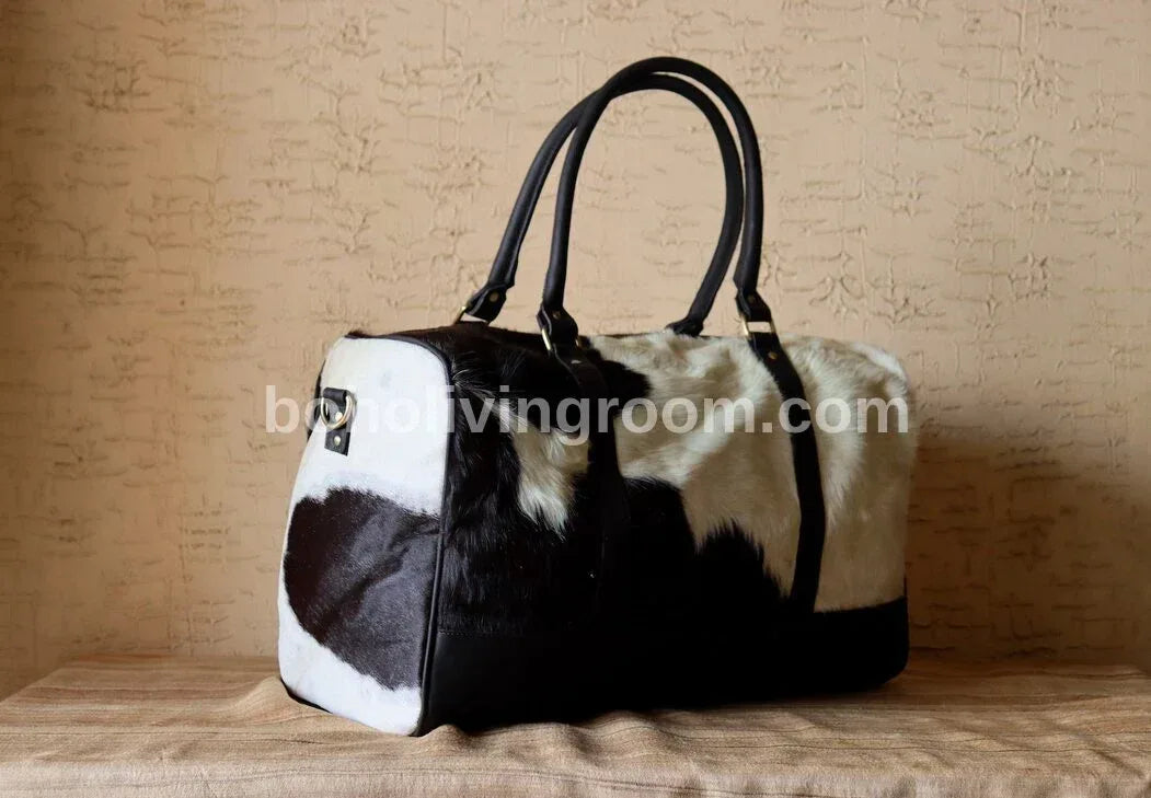 Cowhide Duffle Bag with Tricolor Hair-On Hide and Black Trim