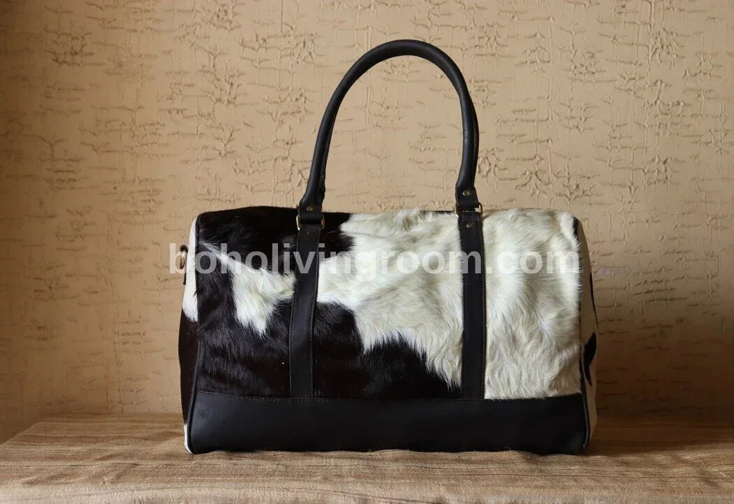 Cowhide Duffle Bag with Tricolor Hair-On Hide and Black Trim