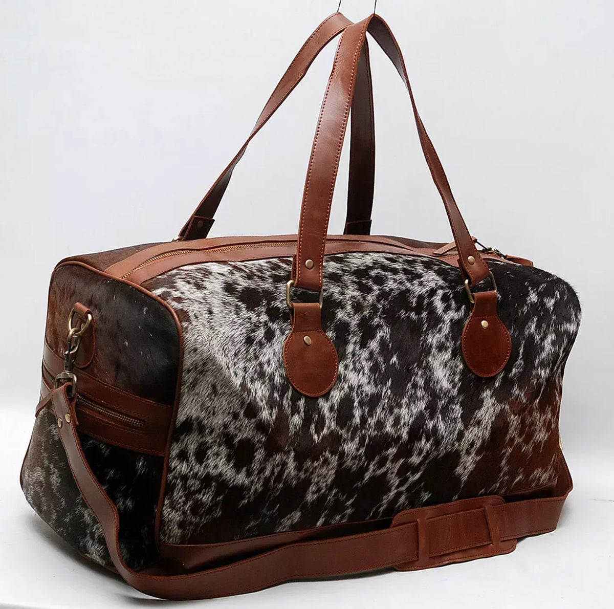 Cowhide Duffle Bag Travel Luggage With Leather Trim