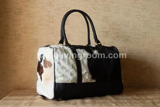 Cowhide Duffle Bag with Tricolor Hair-On Hide and Black Trim
