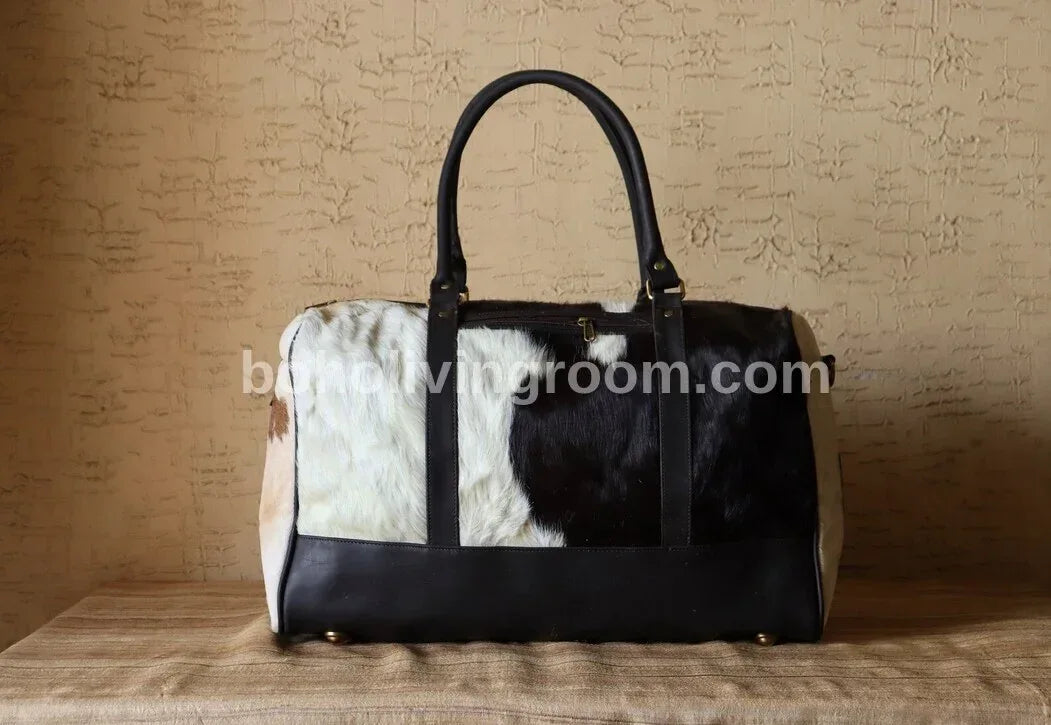 Cowhide Duffle Bag with Tricolor Hair-On Hide and Black Trim