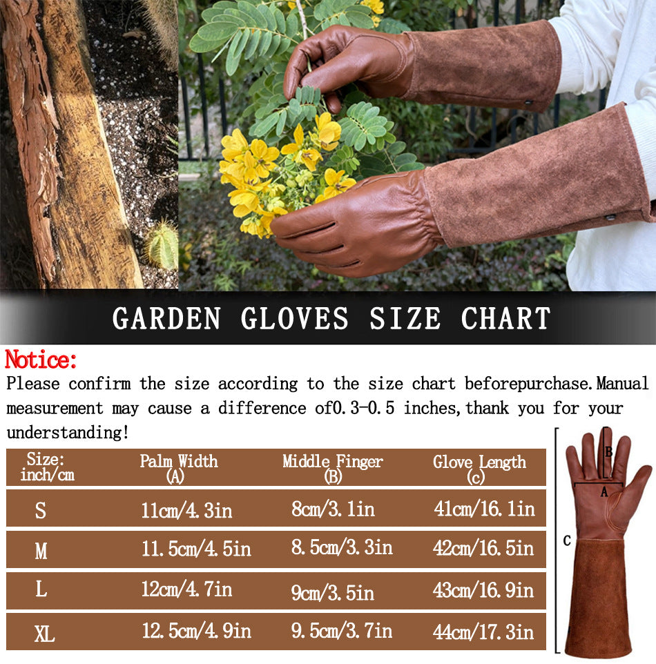 Leather gardening gloves with suede arm cuffs
