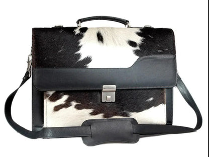 Hair on cow hide briefcase bag for office laptop carry