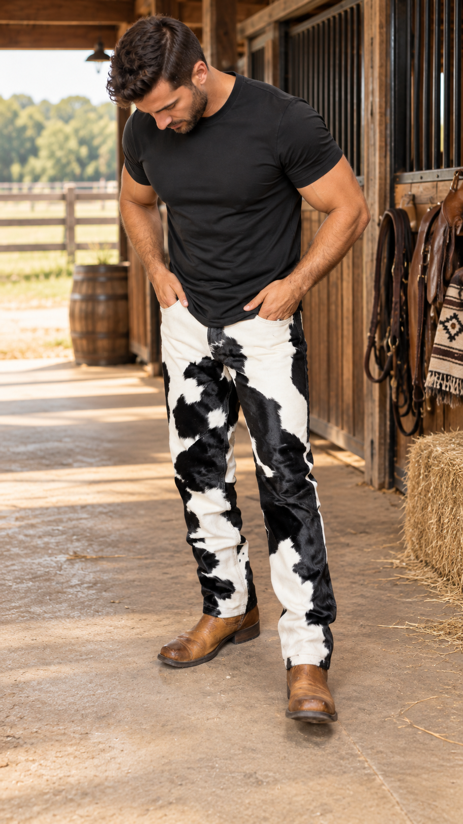 Cowhide Pants Men Black White Western Hair On Hide Trousers