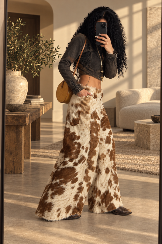 Cowhide Pants Women Hair On Hide Western Flare Trousers