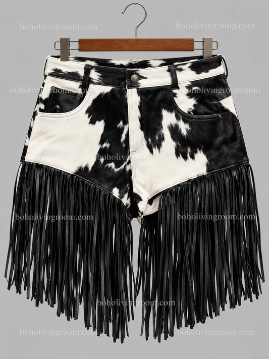 Cowhide Shorts With Fringe Real Hair On Hide Western Style