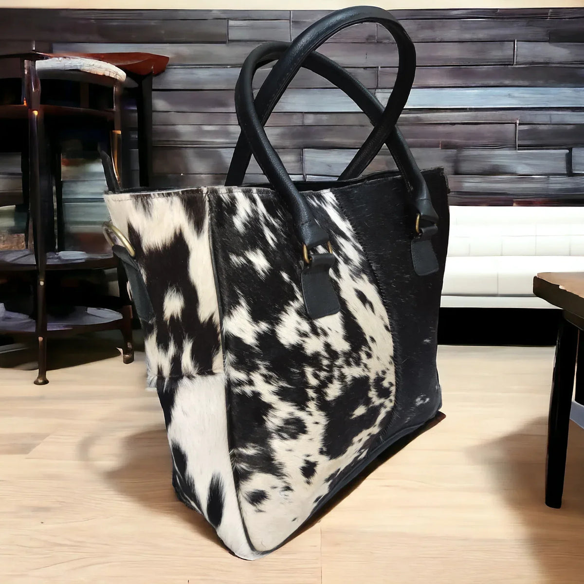 Cowhide Tote Bag in Black and White Hair-On Hide