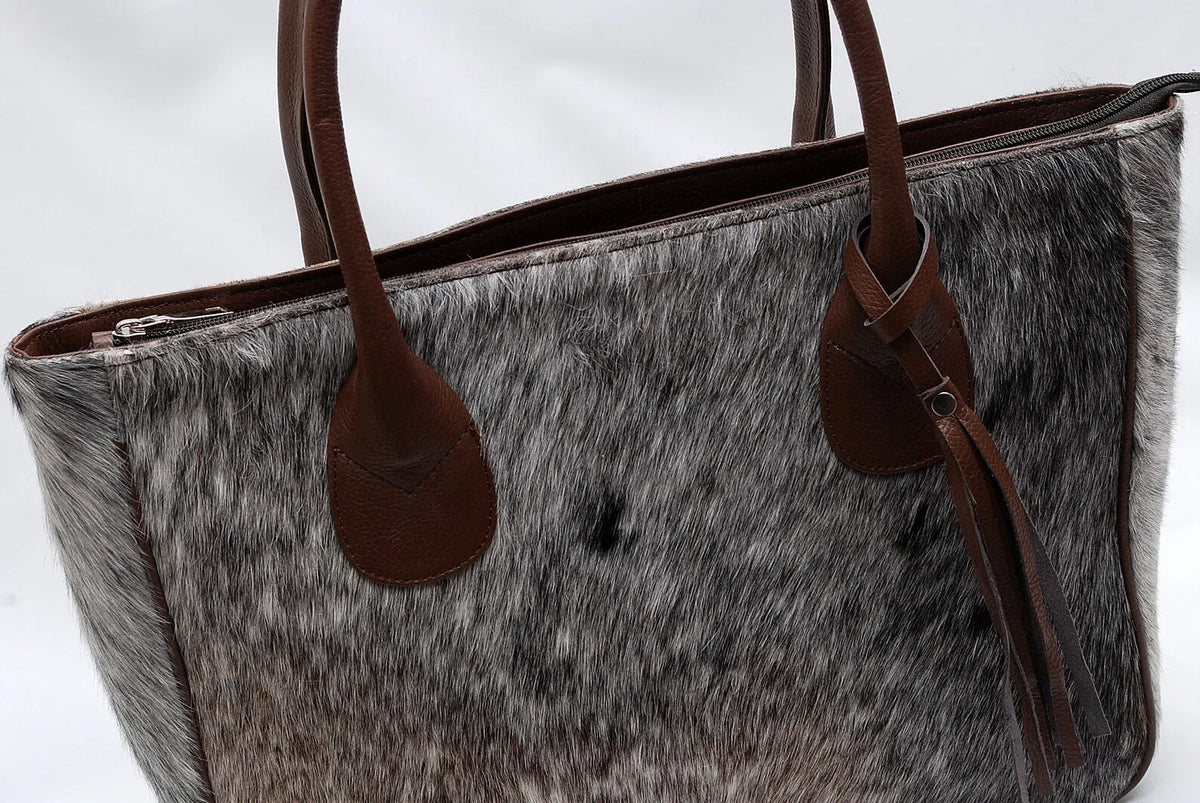 Cowhide Tote Bag with Speckled Hair-On Hide and Leather Handles