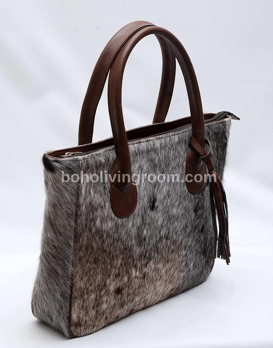 Cowhide Tote Bag with Speckled Hair-On Hide and Leather Handles