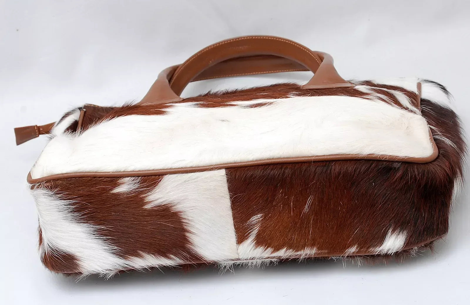 Brown and White Cowhide Tote Bag with Leather Handles
