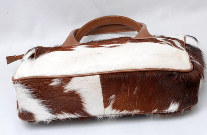 Brown and White Cowhide Tote Bag with Leather Handles