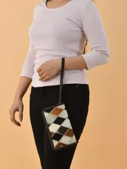 Cowhide Patchwork Clutch Wallet with Hair-On Hide
