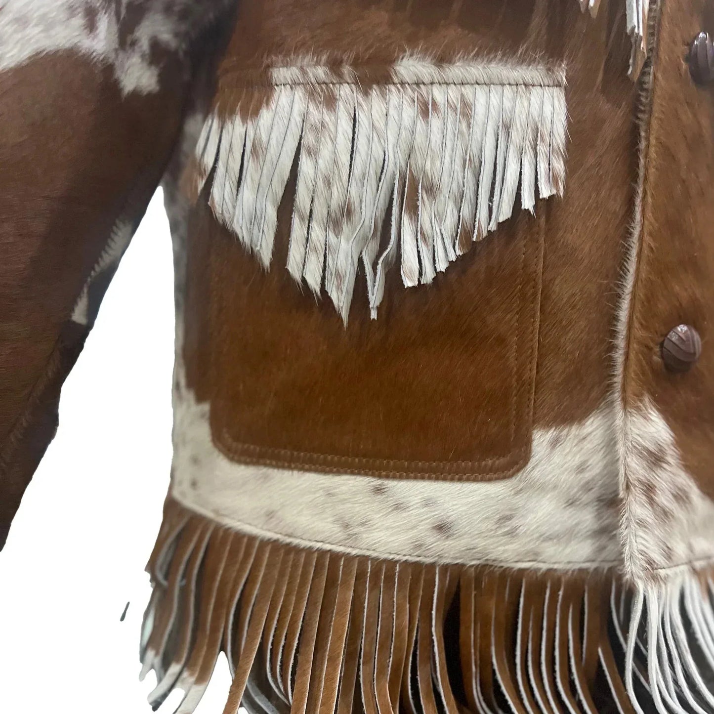 cowhide jacket brown white fur fringe western coat