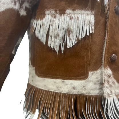 cowhide jacket brown white fur fringe western coat