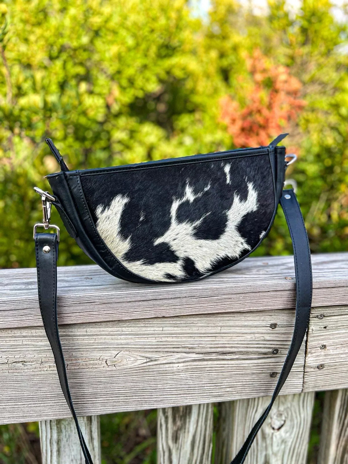 Cowhide Crossbody Purse with Black and White Hair-On Hide