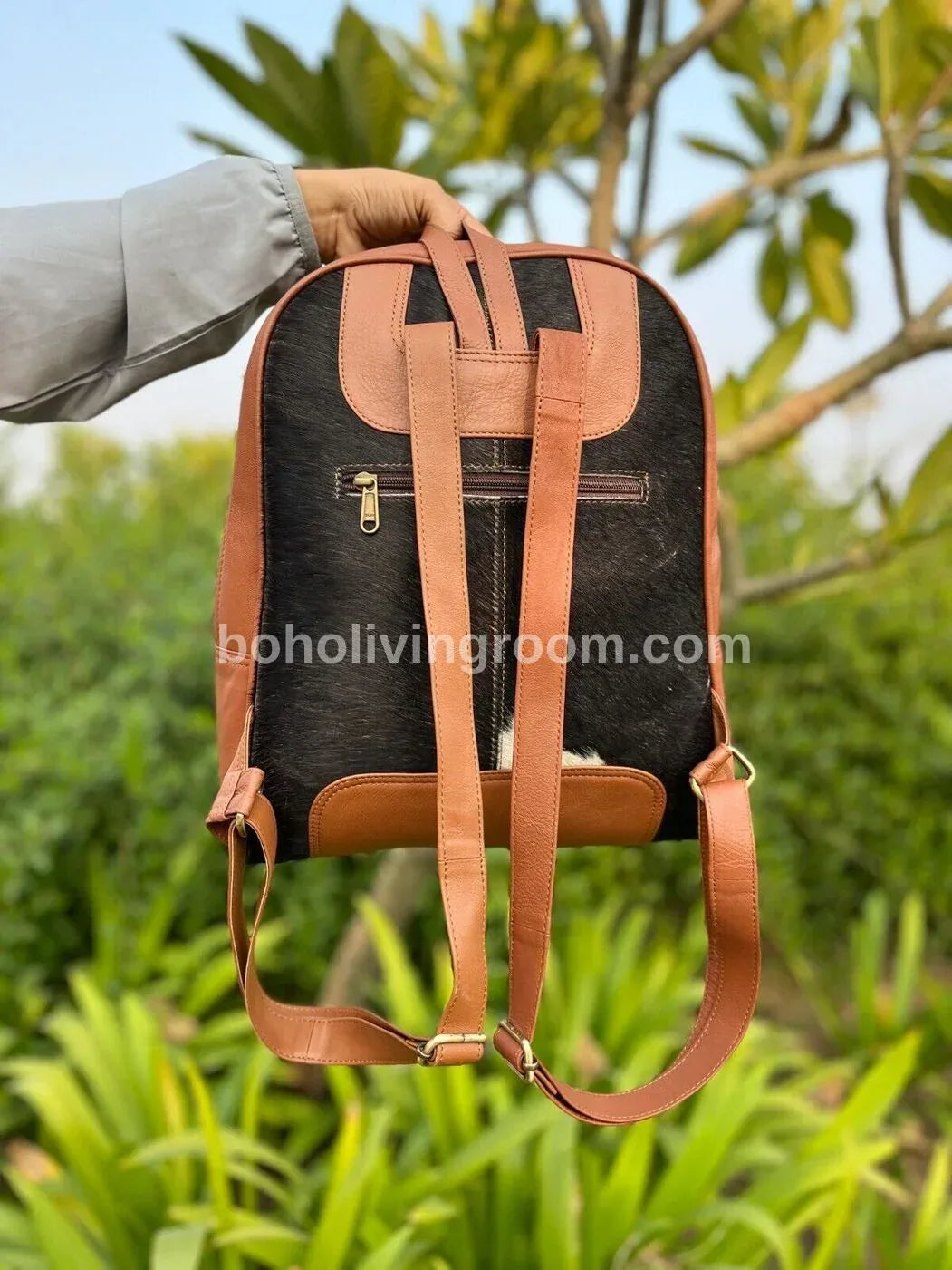 Black White Cowhide Backpack with Brown Leather Trim