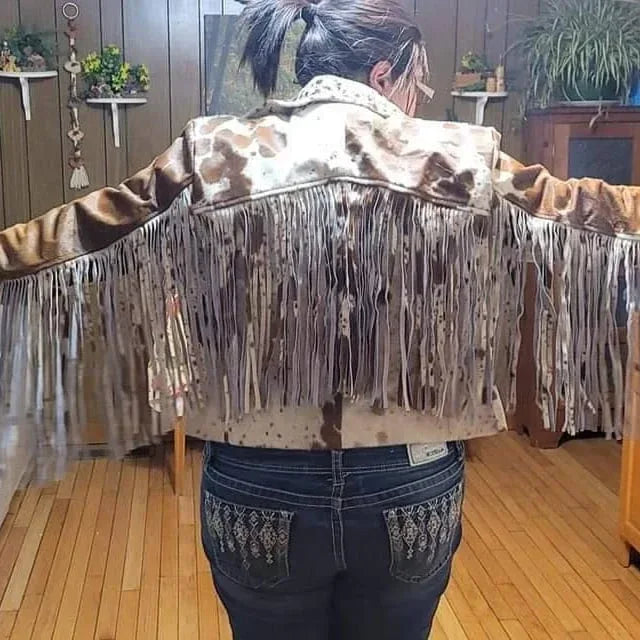 cowhide jacket brown white fringe