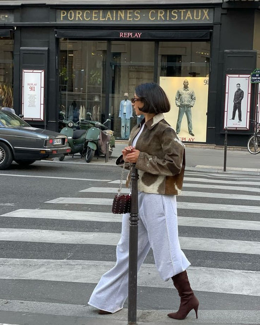 Women cowhide jacket brown fur leather coat cropped